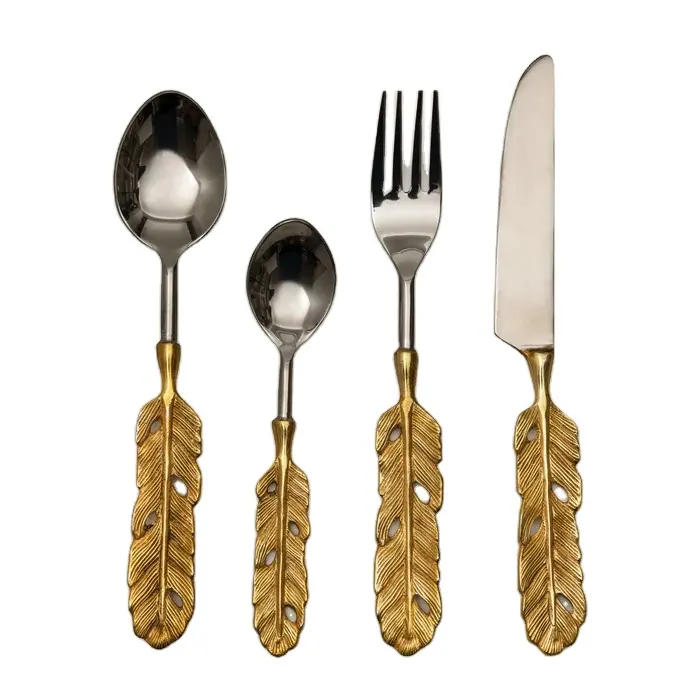 Antique Design Metal Cutlery Set Silver glossy Finished Metal Serving Cutlery Set With Leaf Shape Golden Cutlery Set