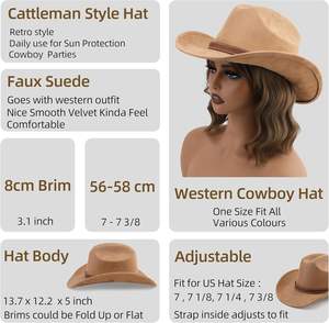 Sombrero de Vaquero Occidental Camel, Unisex, Casual, Ajustable, Ala Corta y Ancha, para Playa, GK Leather Industries - Product Image 4