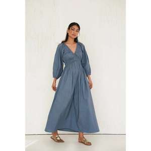 Vestido Largo de Algodón Azul Sólido para Mujer, Estilo Gótico, Estampado Floral Paisley, Cuello en V, Manga Corta, Cintura Elástica, Estilo Casual Bohemio para Verano - Product Image 2