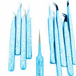 Pinzas de pestañas de volumen con logotipo personalizado, revestimiento de purpurina azul cielo, punta de precisión sostenible de acero inoxidable, herramientas de extensión de pestañas - Product Image 3