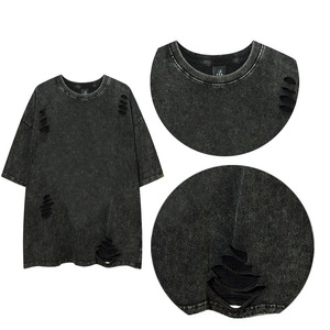 Camiseta de gran tamaño con agujeros rasgados de Hip Hop de alta calidad, ropa Vintage, camisetas gráficas para hombres, Camiseta ajustada con hombros caídos para hombres - Product Image 3