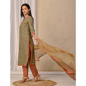 Conjunto de Kurta y Pantalón de Algodón Estampado Butta Block Verde Mar para Niñas, Traje Étnico Estilo Indio Pakistaní para Fiesta, Tela de Red Cosida - Product Image 5