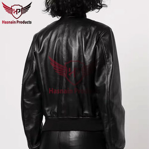 Veste en cuir véritable noir pour femme, col côtelé, poches à rabat en peau de mouton, veste bomber MA1, vêtements d'extérieur chauds personnalisés pour l'automne et l'hiver - Product Image 5