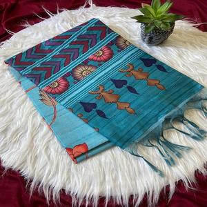 Sari en soie Tussar douce pour femmes avec bordure attrayante et blouse à imprimé contrasté, franges, nouveaux styles, fabriqué en Inde - Product Image 1