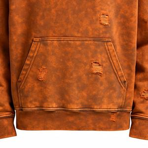 Sweat à capuche zippé en molleton de coton vintage surdimensionné vierge avec broderie bouffante personnalisée sans cordon de serrage Sweat à capuche zippé à double fermeture éclair délavé à l'acide - Product Image 5