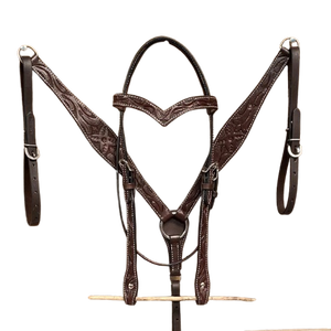 ชุดอุปกรณ์ขี่ม้าหนังแท้สีน้ำมันเข้มลายดอกไม้  ประกอบด้วยบังเหียนแบบตะวันตกและสายรัดอก  สำหรับม้าขนาดฟูล/โคบ/ไซส์ต่างๆ - Product Image 1