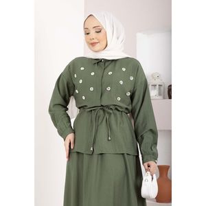 Conjunto Casual de 2 Piezas en Crepé Caqui con Falda con Cintura Adornada con Piedras y Top Corto para Primavera/Verano/Invierno - Product Image 2