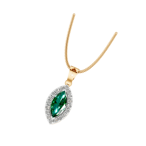 Exquisito colgante de oro o oro amarillo con piedras preciosas de corte Marquesa Esmeralda preciosa con un halo de diamante brillante para una elegancia atemporal - Product Image 1