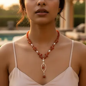 สร้อยคอเงินแท้ประดับพลอยคาร์เนเลียนสำหรับผู้หญิง พร้อมไข่มุก ดีไซน์หรูหรา เหมาะเป็นของขวัญ - Product Image 2