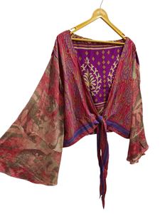 Vestido corto de seda con parte superior de tamaño libre, Top cruzado de tela Sari vintage, Top bohemio con estampado floral - Product Image 5