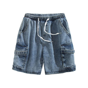 กางเกงยีนส์ขาสั้นทรงหลวมสำหรับผู้ชายกางเกงขาสั้นผ้าฝ้าย100% ทรงตรงเอวสูงถักปานกลางฤดูร้อน - Product Image 1