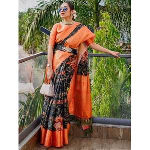Floral <b>Printed</b> Black Organza Evening Dress Beautiful Saree for Festive Wear - Product Image 4