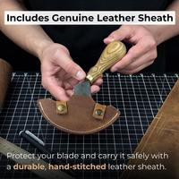 Couteau rond en cuir (demi-lune) forgé à la main en acier au carbone trempé, manche ergonomique en frêne, avec étui en cuir
