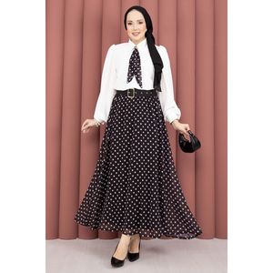Ensemble chemise en mousseline noire avec écharpe et jupe ceinturée à pois, taille XL, coupe ample, 2 pièces, pour le printemps/été - Product Image 4