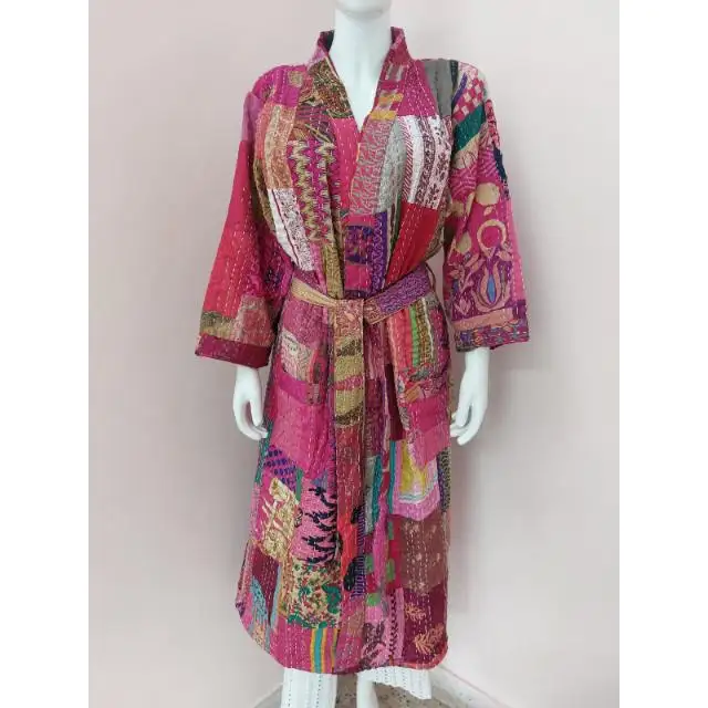 Handmade Kantha Kimono Dress Women's Long Cotton Kimono Nightgown Lovely Bathrobe for Comfortable Sleepwear and Beachwear