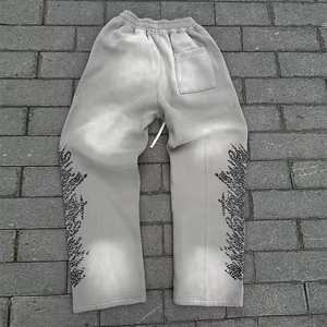 Pantalones de calle con diamantes de imitación personalizados, pantalones de chándal acampanados de algodón 100%, pantalones de hombre a rayas curvas rectas desteñidos con lavado ácido - Product Image 2