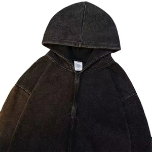 Sweat à capuche zippé vintage personnalisé pour hommes, sweats coupés et cousus, sweat à capuche zippé vintage délavé à l'acide, bords coupés, ourlet brut, sweat à capuche vintage noir - Product Image 2