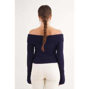 Blouse en tricot bleu marine avec fermeture éclair intégrale et col, style Madonna, design décontracté, vente en gros - Product Image 1