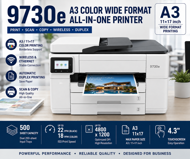 9730e A3 Color Wide Format CISS Wireless Duplex All-in-One Inkjet Printer Scanner Copier with 40cpm Copy Speed 11x17