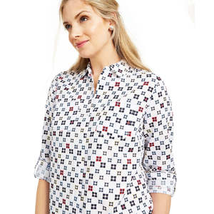 Top Chic in Misto Lino per Donna Charter Club, Casual Chic con Maniche Arrotolabili, Stampa Bianca, Taglia Media - per Ufficio - Product Image 3