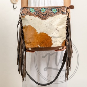Stylish Vintage Women's Cross Body <b>Bag</b> Hand Tooled Colorful Leather Fringe Shoulder <b>Bag</b> Big Size with Elegant Hide Fur Accent - Product Image 3