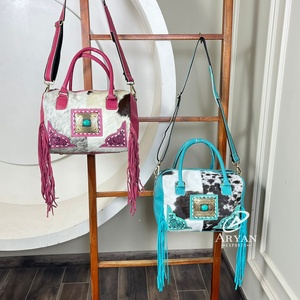 Bolso bandolera pequeño de cuero con herramientas a mano de diseño personalizado, Mini bolsos de lona con flecos de piel de vaca auténtica Vintage para mujer - Product Image 1