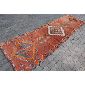 Turkish Vintage Herki <b>Runner</b> Rug 3.2x11 ft, <b>Red</b> Abstract Rug Wool - Product Image 3