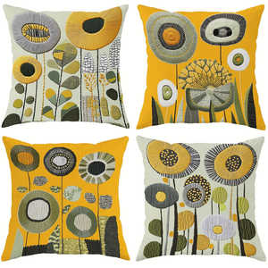 Fundas de Almohada Cuadradas con Diseño Floral, Estilo Rústico Francés Moderno, 4 Piezas, Amarillo Mostaza, Verde Oliva, Gris, Técnica 3D, con Cierre - Product Image 2