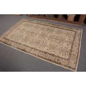 Alfombra turca Vintage de área grande de 3,9x6,6 pies, patrón de retazos marrón beige clásico, Material de lana, respaldo de látex para pasillo de dormitorio - Product Image 3