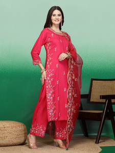 Kurtis Rama pour femmes, tenue de bureau décontractée, en tissu rayonne, magnifiques paillettes roses brodées, coupe droite, Kurti accompagné de palazzo et dupatta - Product Image 3