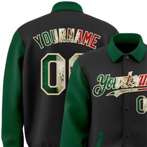 Veste bomber personnalisée noire vintage avec drapeau mexicain, vert Kelly neutre, entièrement boutonnée, style universitaire, col à revers bicolore, modèle Byron - Product Image 5