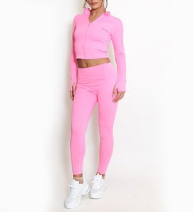Vente en gros Ensemble d'entraînement 2 pièces pour femmes Veste de sport courte à fermeture éclair avec leggings taille haute pour la salle de sport, le yoga et le fitness - Product Image 1