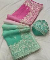 Nouveau saree d'écrasement en mousseline de soie à double teinte avec broderie butti brodé travail de bordure