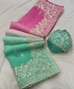 Nuevo Sari aplastamiento de gasa de doble sombra con bordado Butti & DESGINER bordado borde trabajo - Product Image 5