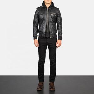 Veste en cuir pleine fleur noire, style décontracté, toile imperméable, respirante, coupe-vent avec poignets en tricot côtelé - Product Image 6