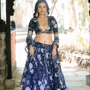 Navy Blue Floral Lehenga Set with Printed <b>Skirt</b> Deep Neck Blouse and Dupatta Elegant Designer Indian Festive Wear Outfit Fashion - Product Image 1