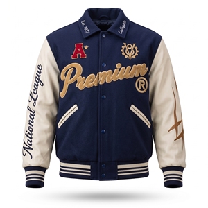 Veste universitaire brodée de qualité supérieure pour homme, bleu marine et beige, style baseball, avec design de manches de la Ligue nationale - Product Image 3