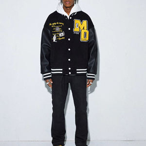 Men's Black PU Slim Varsity Jacket with Satin Lining Stand Collar <b>Covered</b> <b>Button</b> Front Logo Regular Sleeve Casual Winter Wear - Product Image 3