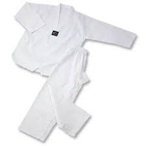 ชุดเทควันโดคอสีขาวทำจากผ้าซี่โครง/พีซี - Product Image 1