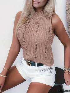 Haut à bretelles en tricot à œillets solides de haute qualité, élégant, dos noué, sans manches, devant, vêtements pour femmes 100% viscose pour le printemps - Product Image 5