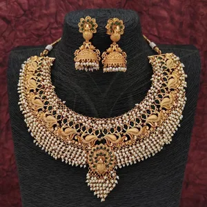 Kemp Jewelry Matte Gold Polish Fancy Wedding Wear Designer Jewelry Cluster Pearls Heavy Kemp Peacock Necklace Set Jewelry Sets