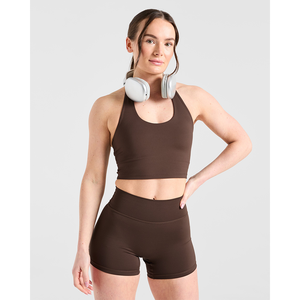 New Custom Logo <b>Brown</b> <b>Women's</b> Halternack Crop <b>Top</b> Stretchy And Buttery Soft Lightweight Fitness Workout Crop <b>Top</b> Tees for <b>Women</b> - Product Image 6