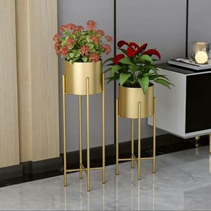 Pot de fleurs en métal de collection vintage, design diamant, finition dorée, support de pot de fleurs artificiel, utilisation au sol, décoration de la maison, bureau - Product Image 2