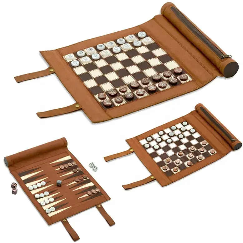 Roll Up Chess Board Material De Couro Pu Roll Up Viagem Jogo De Gamão Conjuntos Com Brinquedos Educativos Damas