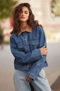 Women Denim Trucker Jacket With Corduroy Collar <b>Zipper</b> Front Full Sleeve Short Length Autumn Style - Product Image 2