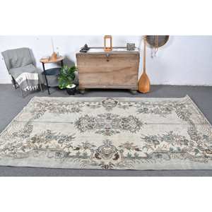 Tapis en laine turque vintage 4.9x8,9 pieds Patchwork beige et bleu tissage plat pour décorations de salon avec support en latex - Product Image 1