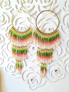 Boho Turquoise Design Bead Earrings with Cascading Fringe <b>Unique</b> Jewelry <b>Gift</b> <b>for</b> <b>Women</b> - Product Image 5