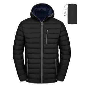Veste matelassée légère en laine pour homme, à capuche, isolée, pour l'hiver, avec fermeture éclair coupe-vent, veste gonflable compressible en noir - Product Image 1