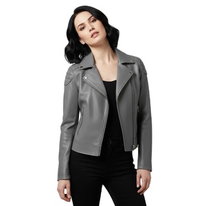 Veste de moto en cuir gris avec logo personnalisé en relief, vente en gros en vrac, prix d'usine, style motard authentique, manteau de mode pour femmes - Product Image 1