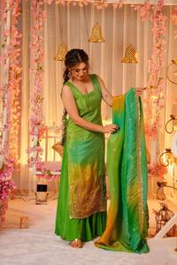 Salwar Kameez en soie vert et jaune de style Bollywood, tenue ethnique élégante brodée avec dupatta pour les mariages et les festivals - Product Image 4
